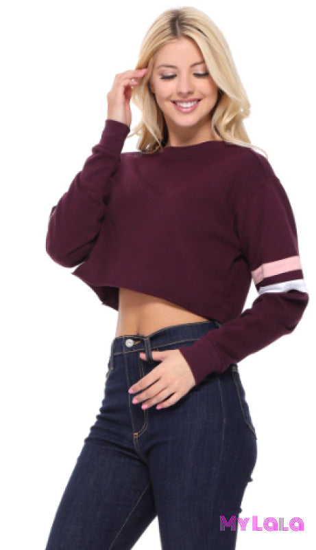 Crop Sweatshirt with Taped Sleeves (Plum) - My Lala Leggings