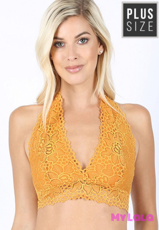 Curvy Halter Lace Bralette (Ash Mustard)