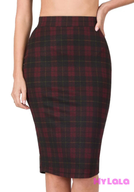 Plaid Pencil Skirt (Burgundy)