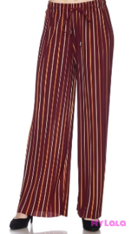 Curvy Pleated Wide Leg Pants (Burgundy/Mustard) - My Lala Leggings