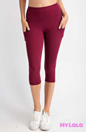 Curvy Pocketed Yoga Softy Capri Activewear (Burgundy) - My Lala Leggings