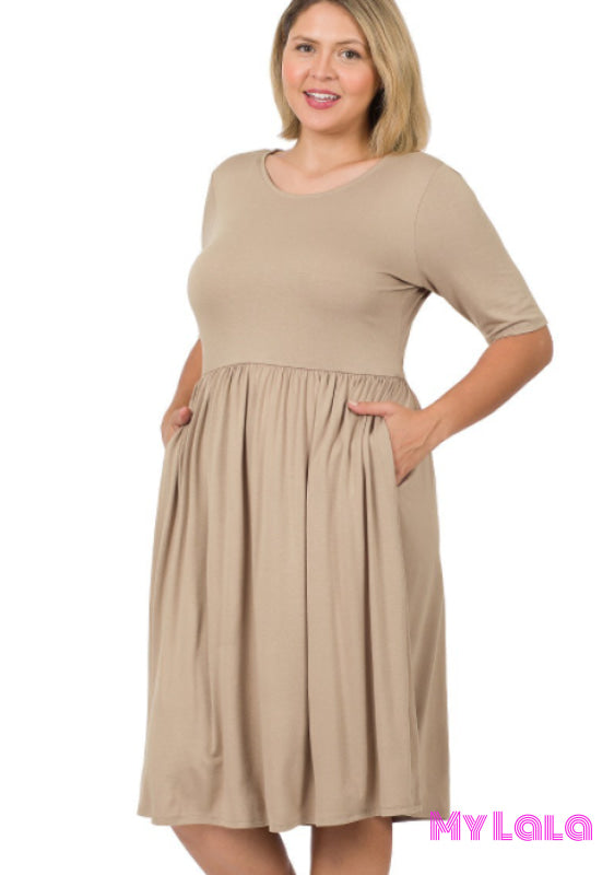 Dress - Curvy 1/2 Sleeve Round Neck (Ash Mocha)