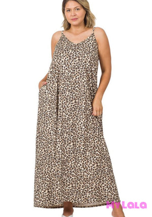 1 9024 Dress - Curvy Leopard V Neck Cami Maxi (Brown)