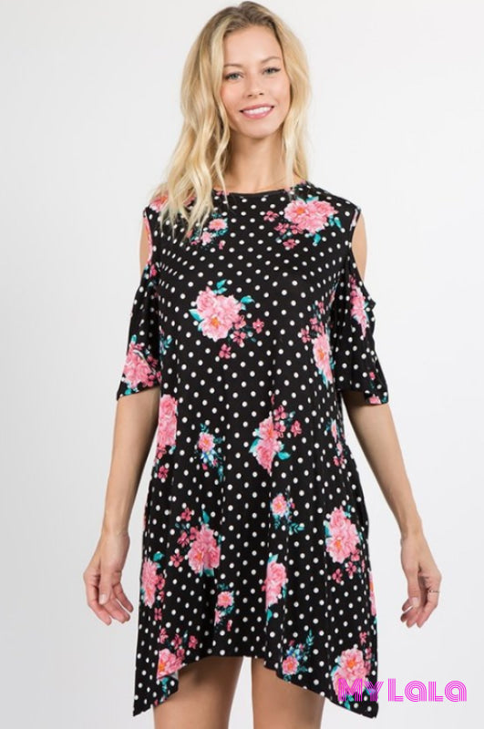 1 21005 Dress - Polka Dot Bouquet Cold Shoulder (Black)