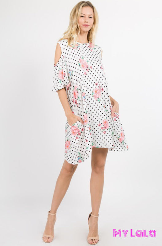 1 21005 Dress - Polka Dot Bouquet Cold Shoulder (Ivory)