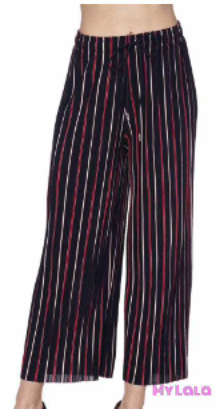 Pleated Drawstring Wide Leg Pants OS (Navy Stripe) - My Lala Leggings